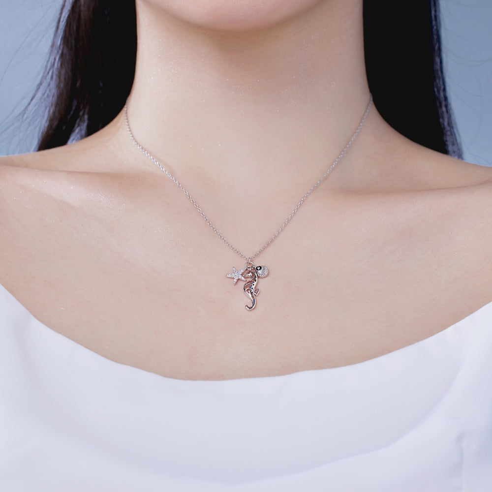 Women's Pendant Necklace, Star Seahorse White shell Evil Eye Design Inlaid Round White Zirconia, S925 with White Gold Plating