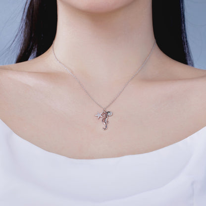 Women's Pendant Necklace, Star Seahorse White shell Evil Eye Design Inlaid Round White Zirconia, S925 with White Gold Plating