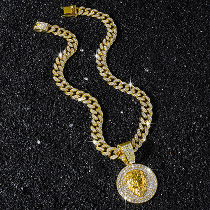 Hip-Hop Style Round Lion Head Animal Cuban Chain Pendant Necklace