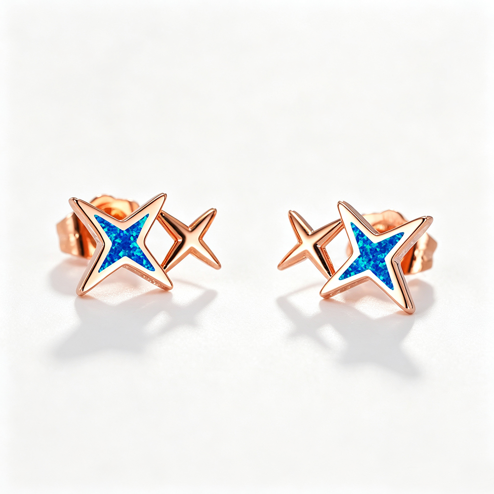 Women's Double‑Star Stud Earrings with Blue / White Opal, with White Gold / Rose Gold Plating