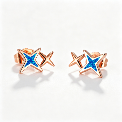 Women's Double‑Star Stud Earrings with Blue / White Opal, with White Gold / Rose Gold Plating