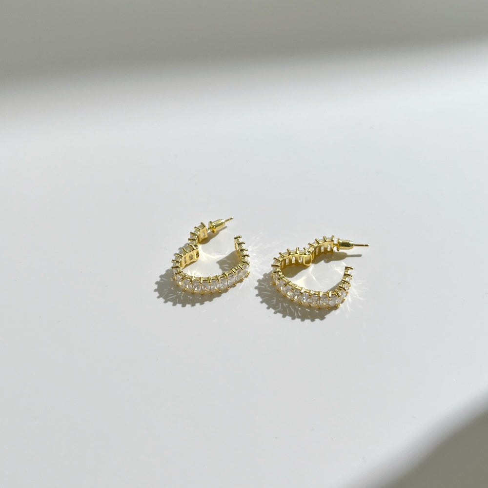 Women's Heart Hollow Huggie Earrings, Full Paved Rectangular Zirconia Inlaid, Premium Style, S925 with 18K Gold Plating