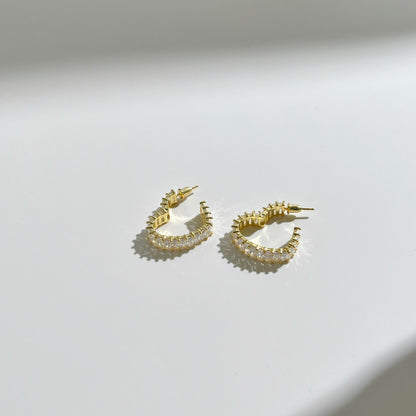 Women's Heart Hollow Huggie Earrings, Full Paved Rectangular Zirconia Inlaid, Premium Style, S925 with 18K Gold Plating