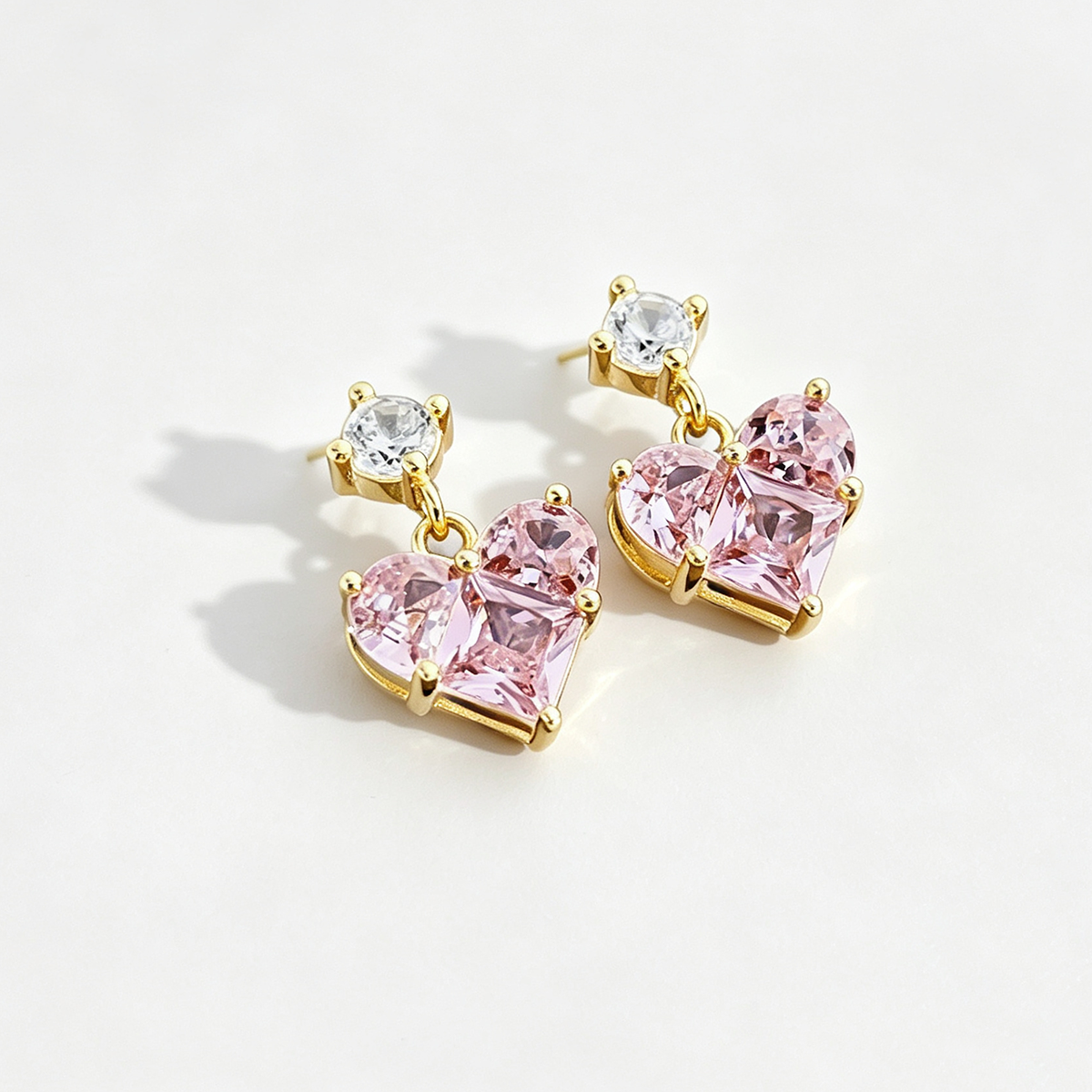 Women's Dangle Earrings, Pink Heart‑Shape Zirconia with Round Zirconia Accent, S925 with 18K Gold Plating