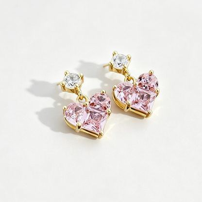Women's Dangle Earrings, Pink Heart‑Shape Zirconia with Round Zirconia Accent, S925 with 18K Gold Plating