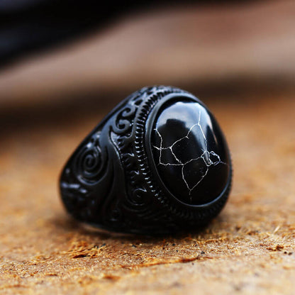 Men's Vintage Carved And Inlaid Tiger's Eye Stone Black And White Turquoise Titanium Steel Ring