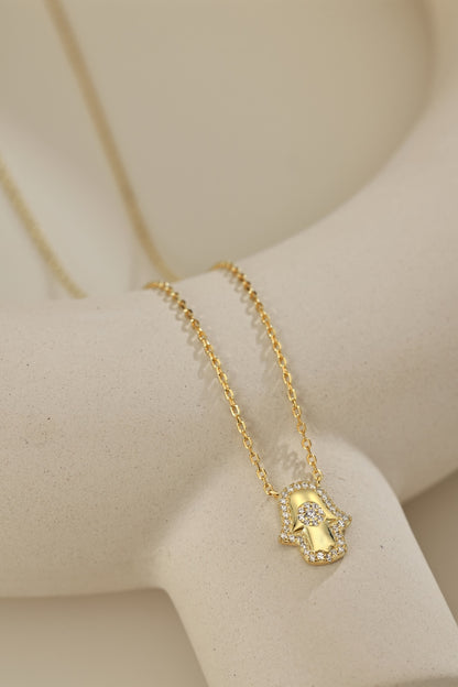 S925 Necklace, Inlaid White Round CZ, Evil Eye & Pharaoh Hand, Niche Fashion Versatile Design