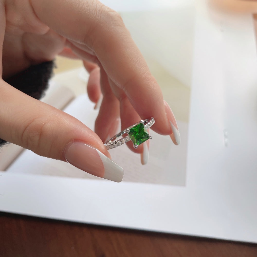 Women's Emerald Zirconia Four Prong Square Row Stone Ring, S925 with White Gold Plating
