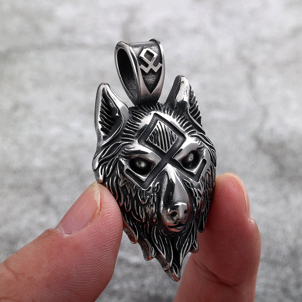 Vintage Stainless Steel Men's Viking Wolf Head Symbol Pendant Necklace