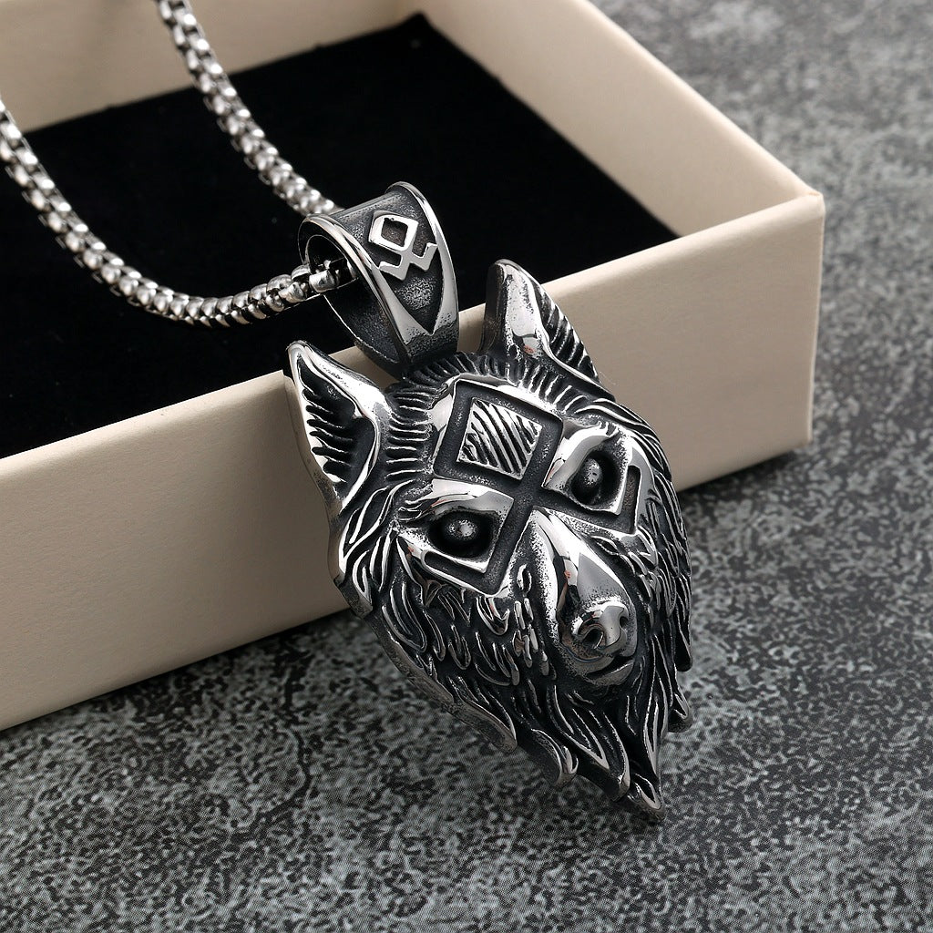 Vintage Stainless Steel Men's Viking Wolf Head Symbol Pendant Necklace
