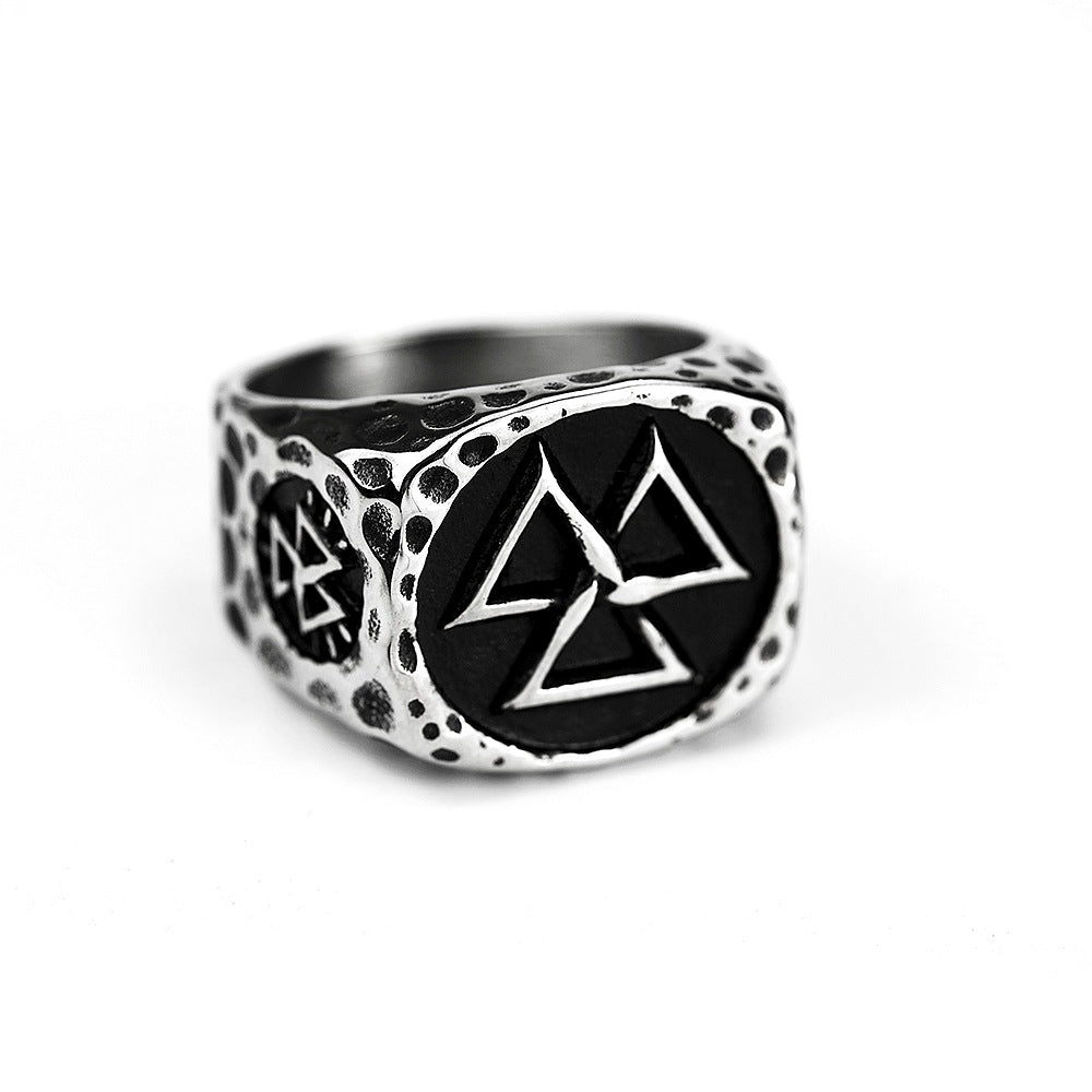 Vintage Antique Oxidized Solid Stainless Steel Hammered Texture Triquetra Celtic Knot Wide Signet Band Ring for Men