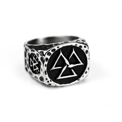 Vintage Antique Oxidized Solid Stainless Steel Hammered Texture Triquetra Celtic Knot Wide Signet Band Ring for Men
