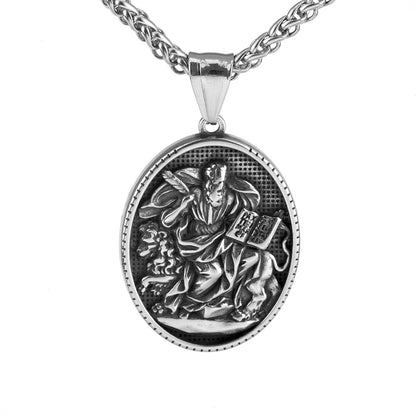 Men's Steel Saint Mark Oval Tag Pendant Necklace