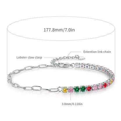Women&Men's Square-Shaped Colorful Adjustable Lobster Claw Clasp Zircon Cuban Tennis Bracelet