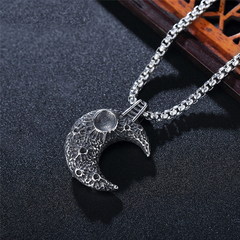 Men's Steel Textured Crescent Moon Pendant Necklace