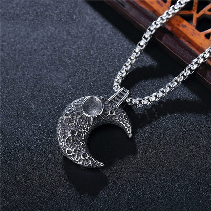 Men's Steel Textured Crescent Moon Pendant Necklace