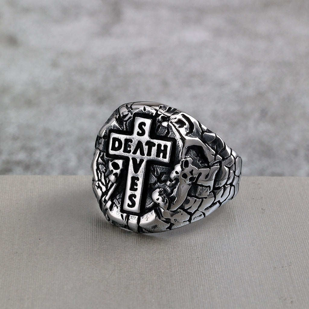 Vintage Antique Solid Stainless Steel 3D Carved Rock Crack Skull Death Cross Signet Ring for Men