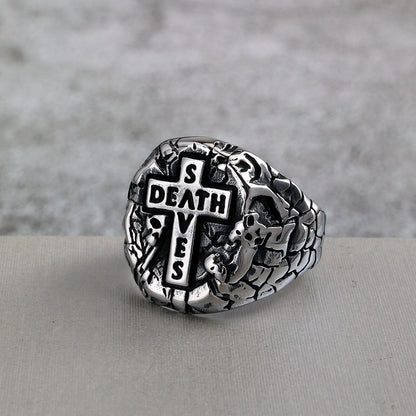 Vintage Antique Solid Stainless Steel 3D Carved Rock Crack Skull Death Cross Signet Ring for Men