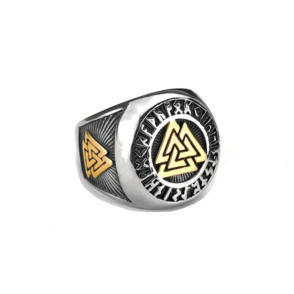 Vintage Nordic Solid Stainless Steel Viking Rune Triangle Ring for Men
