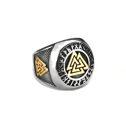 Vintage Nordic Solid Stainless Steel Viking Rune Triangle Ring for Men