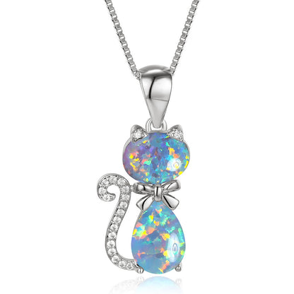 Women's Cat Bow Blue & White Opal with Zirconia Pendant Necklace, Rose Gold / White Gold Plating