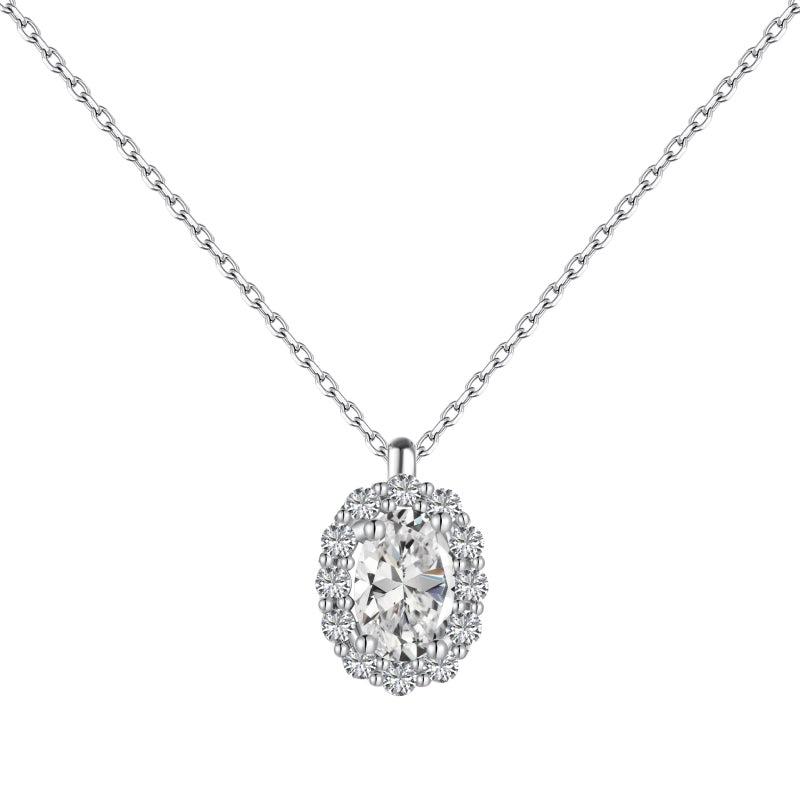 Niche Light Luxury S925 Sterling Silver Necklace, Inlaid White Oval Zirconia and White Round Zirconia Fashion Pendant Jewelry