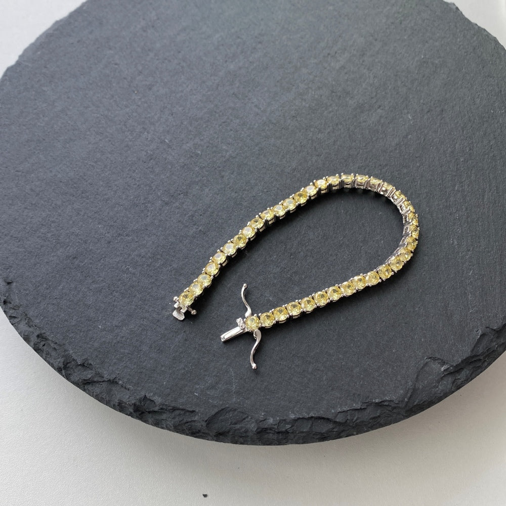 Women's High‑End Fashion Tennis Bracelet, Round Yellow Sapphire Paved Inlay, S925 with White Gold Plating