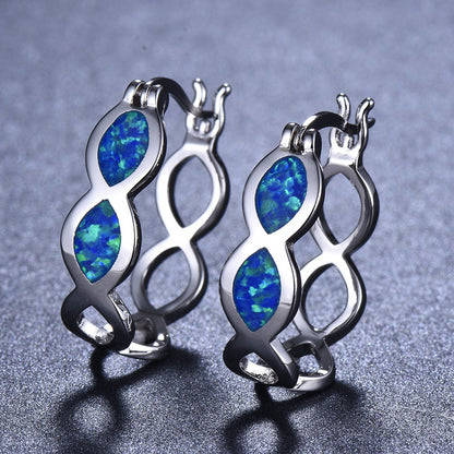 Women's Double Marquise Blue & White Opal Figure 8 Hollow Huggie Earrings, White Gold Plating