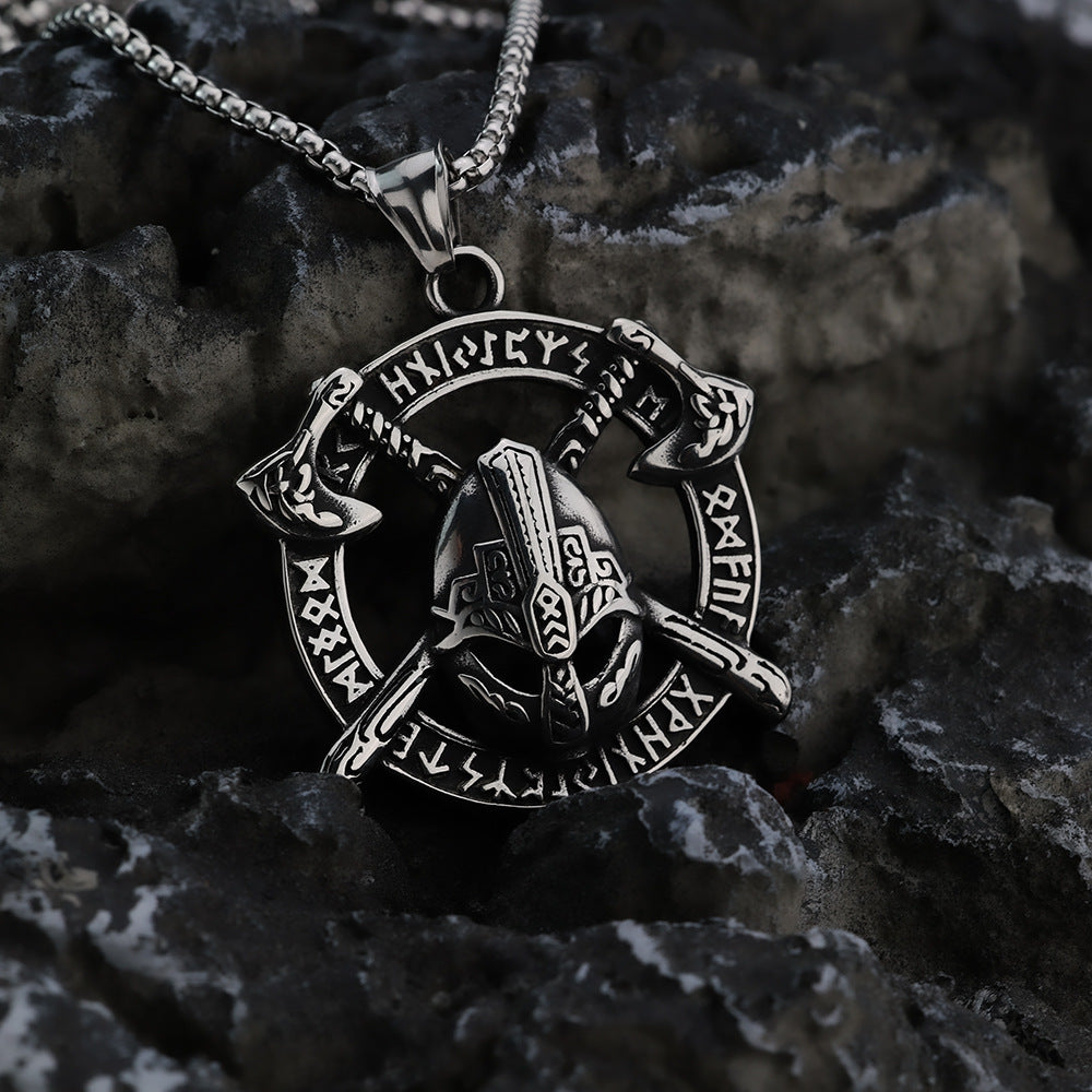 Vintage Stainless Steel Viking Helmet Rune Axe Round Pendant Necklace for Men
