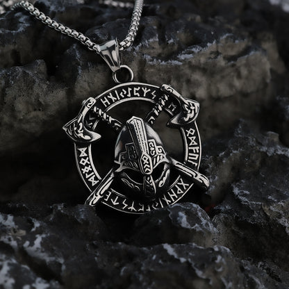 Vintage Stainless Steel Viking Helmet Rune Axe Round Pendant Necklace for Men