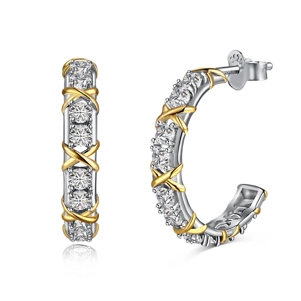 Women's Two‑Tone X Cross Wrap Hoop Earrings, Colorless Round Zirconia Inlaid, S925