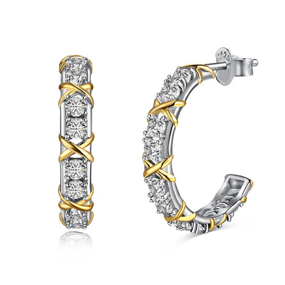 Women's Two‑Tone X Cross Wrap Hoop Earrings, Colorless Round Zirconia Inlaid, S925