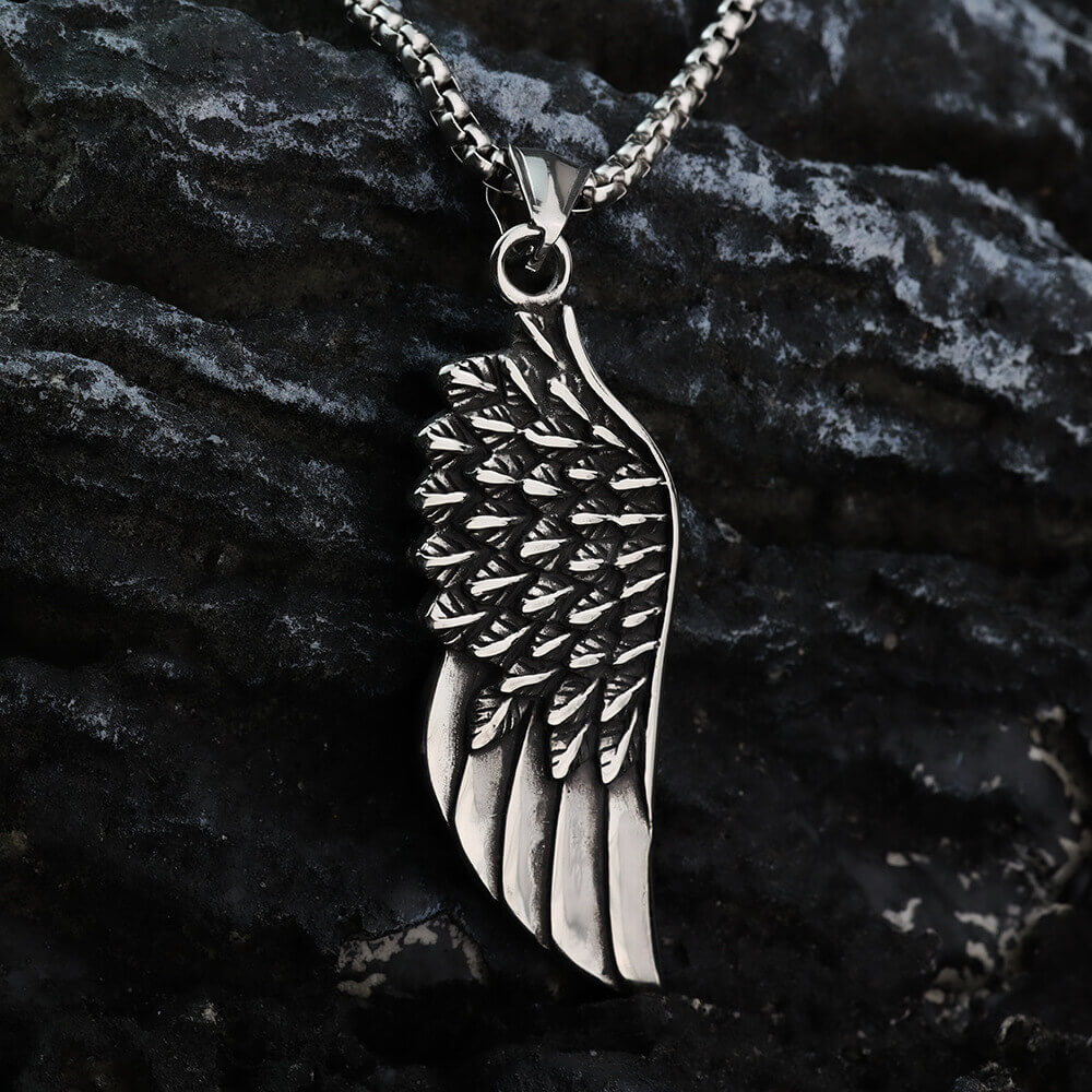Vintage Stainless Steel Feather Wing Pendant Necklace for Men