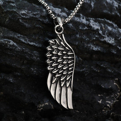 Vintage Stainless Steel Feather Wing Pendant Necklace for Men