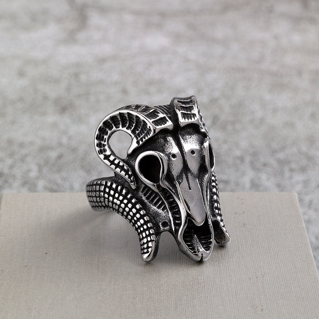 Vintage Solid Stainless Steel Punk Goat Skull Ring for Men
