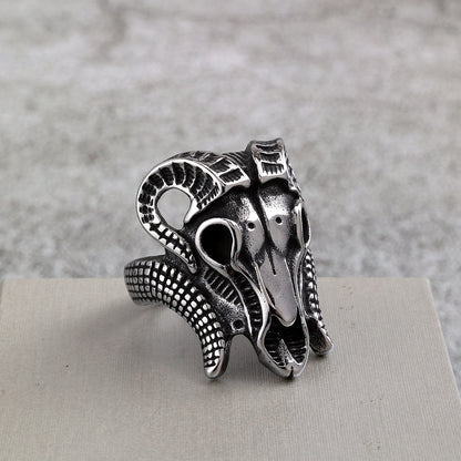 Vintage Solid Stainless Steel Punk Goat Skull Ring for Men