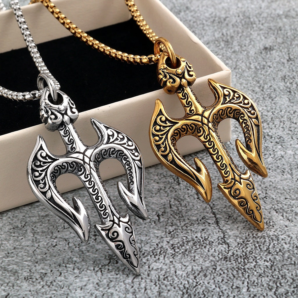 Vintage Stainless Steel Men's Trident Pendant Necklace