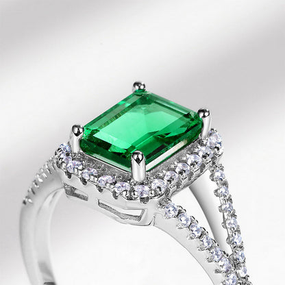 Women's White Gold Halo Emerald Hollow Adjustable Ring
