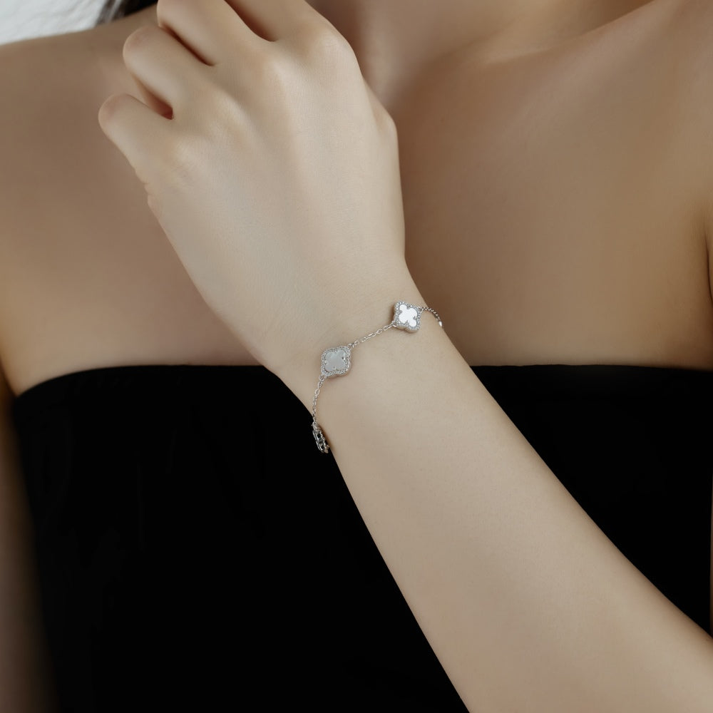 Women's Delicate Bracelet, White Shell & Round White Zirconia Inlay Clover Design, S925 with White Gold Plating
