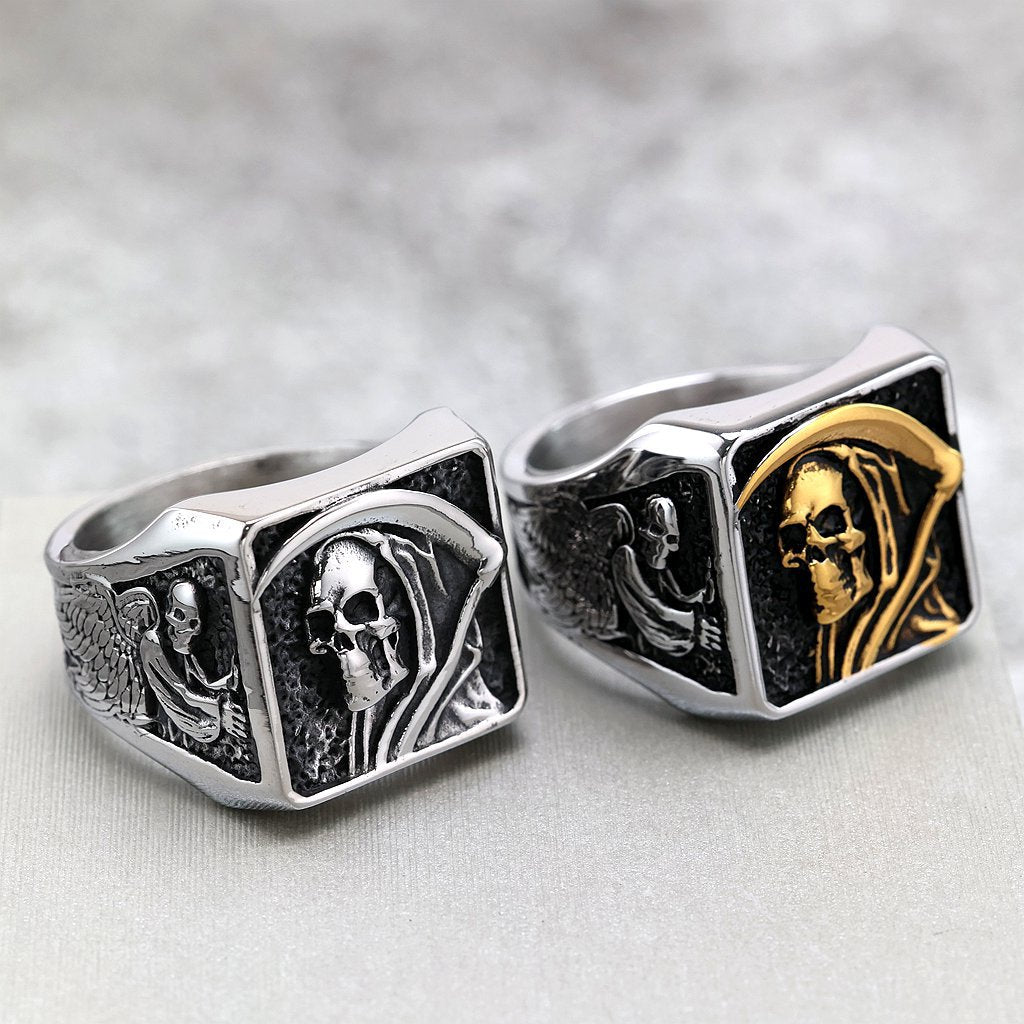 Vintage Stainless Steel Punk Solid Halloween Grim Reaper Skull Ring for Men