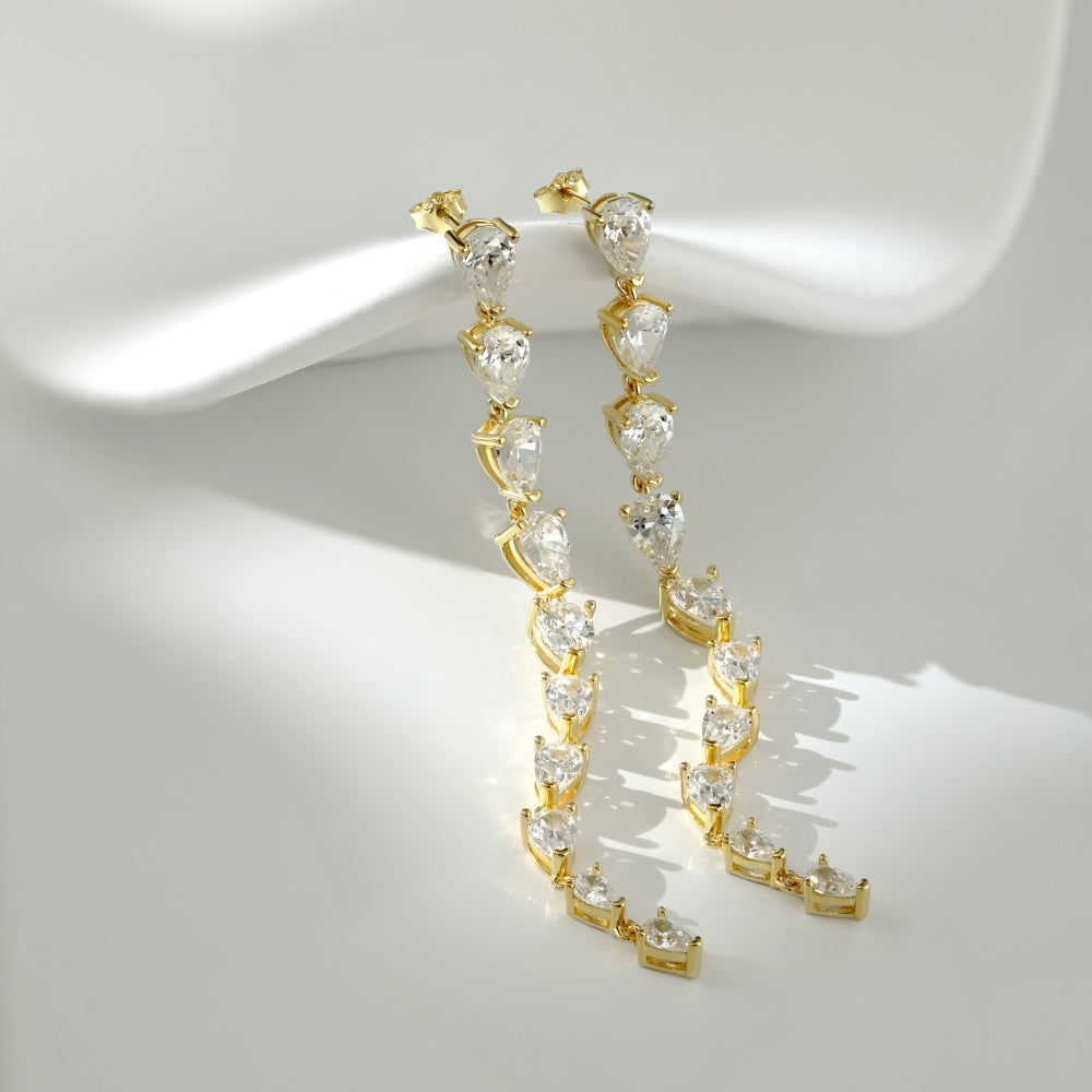 Women's Long Tassel Drop Earrings, Graduated Pear‑Shape Zirconia, S925 with 18K Gold Plating