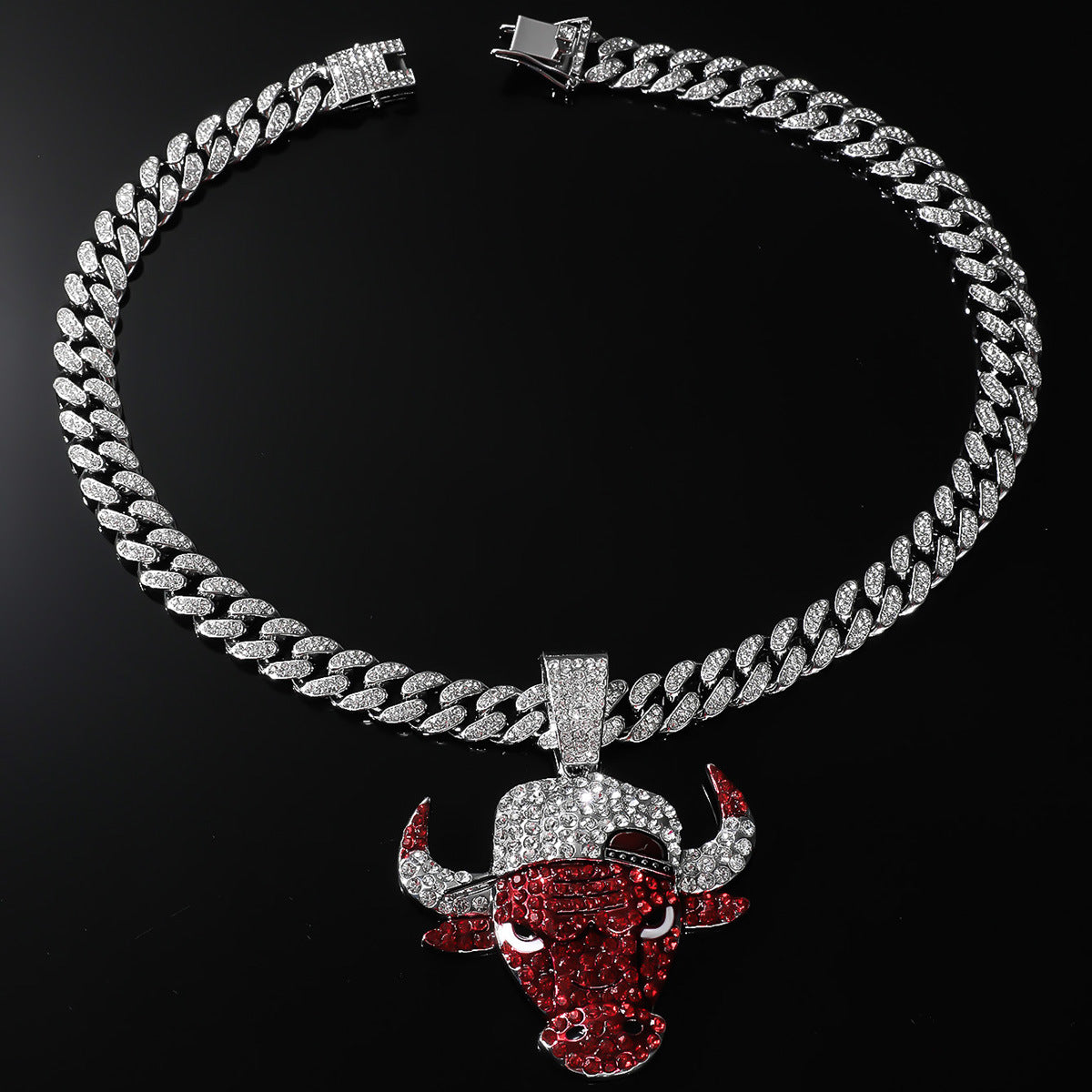 Hip-Hop Red Bull Head Cuban Chain Pendant Necklace