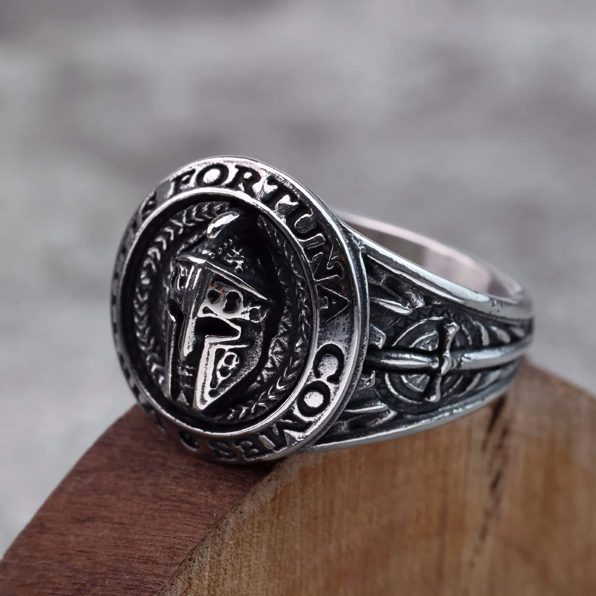 Vintage Stainless Steel Spartan Helmet Ring Engraved Virtutis Fortuna Comes for Men