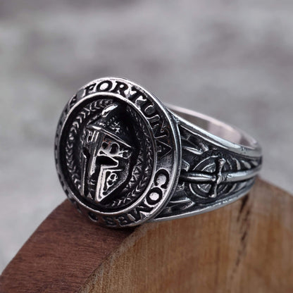 Vintage Stainless Steel Spartan Helmet Ring Engraved Virtutis Fortuna Comes for Men