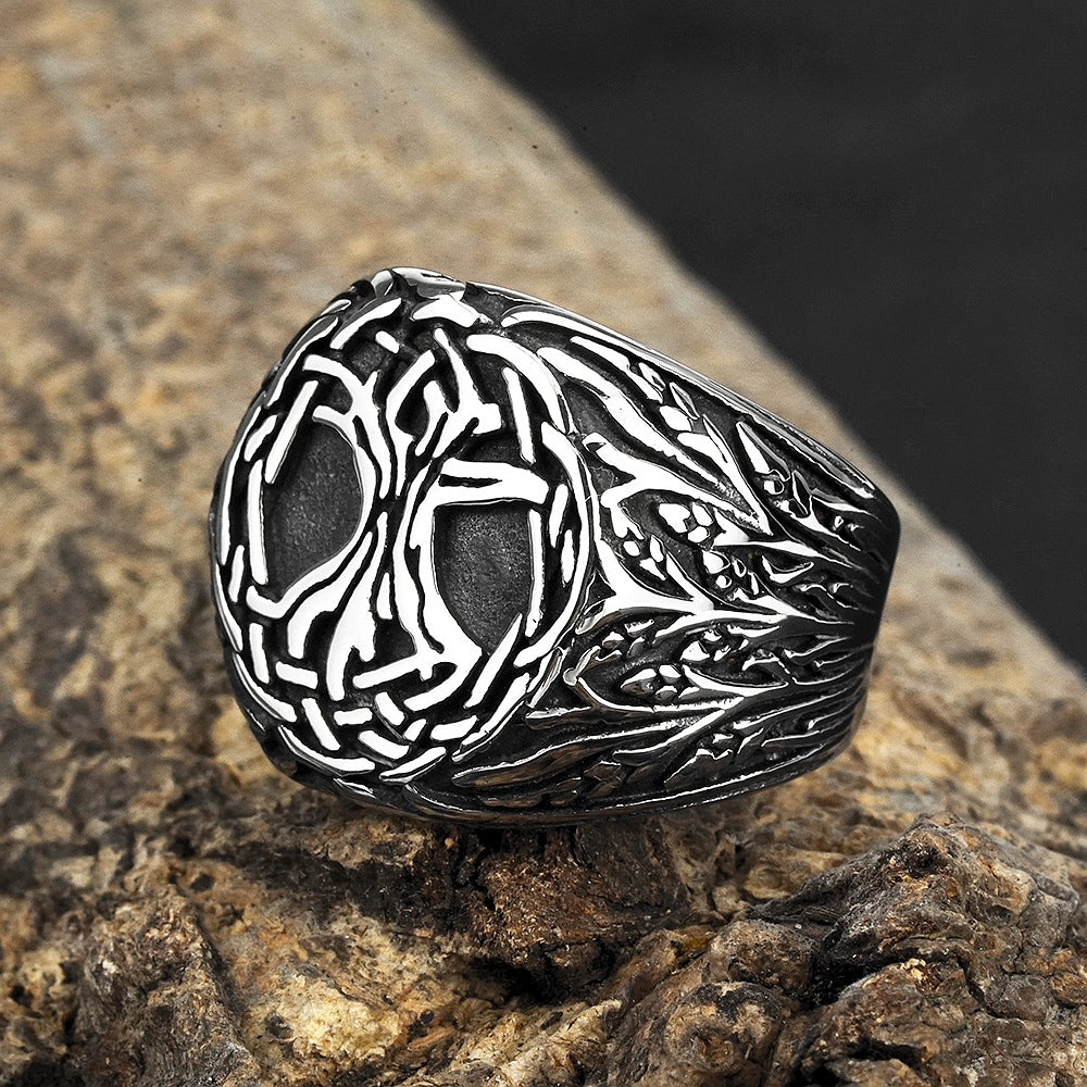 Vintage Solid Stainless Steel Norse Yggdrasil Tree of Life Wide Signet Ring Band for Men