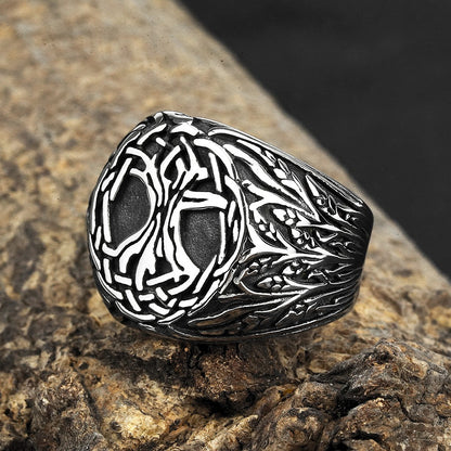 Vintage Solid Stainless Steel Norse Yggdrasil Tree of Life Wide Signet Ring Band for Men
