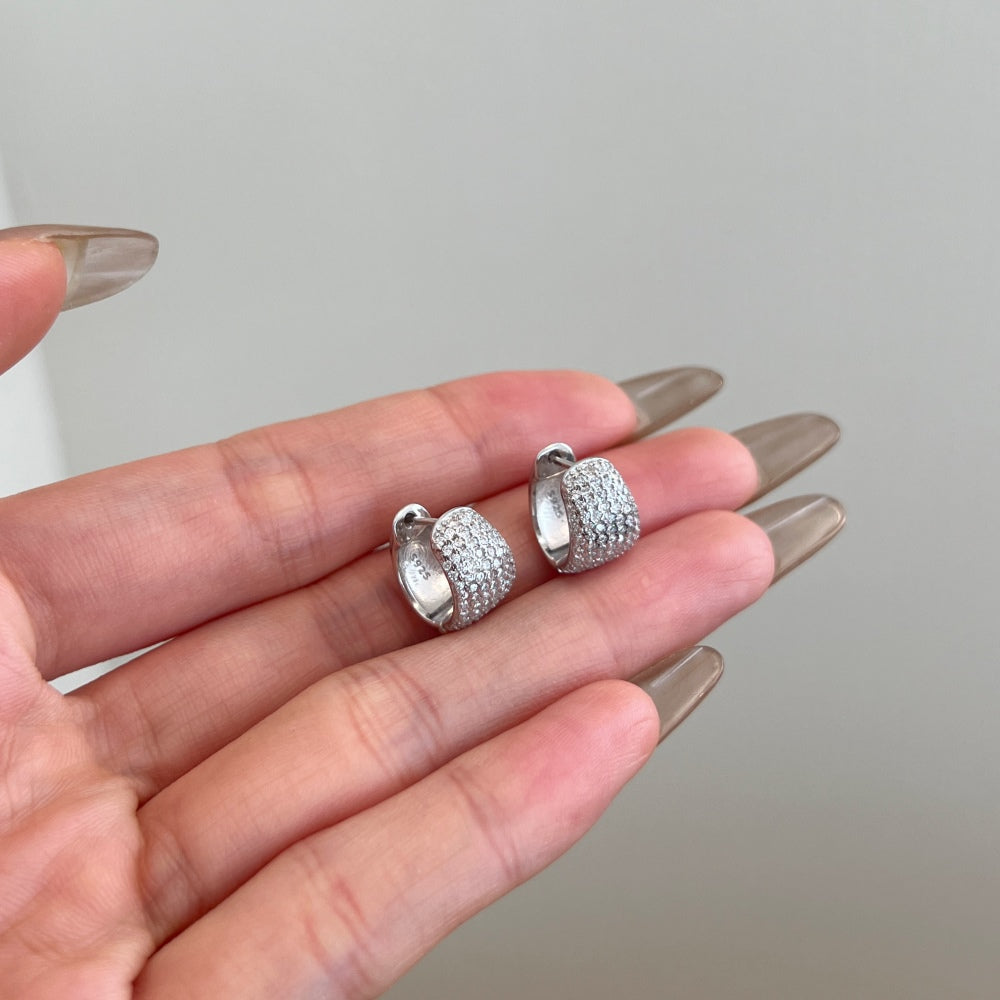 Women's U‑Shape Hoop Earrings, Paved Round Colorless Zirconia Inlaid, Delicate Compact Style, S925 with White Gold Plating