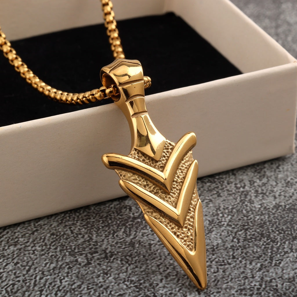 Vintage Stainless Steel Men's 3D Arrowhead Pendant Necklace