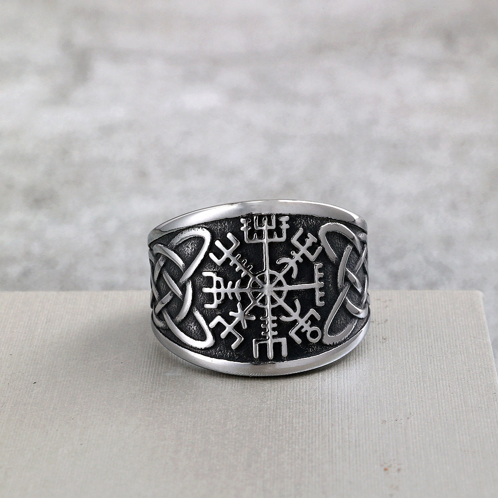 Vintage Solid Stainless Steel Viking Compass Rune Ring for Men