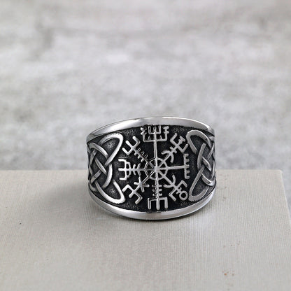 Vintage Solid Stainless Steel Viking Compass Rune Ring for Men